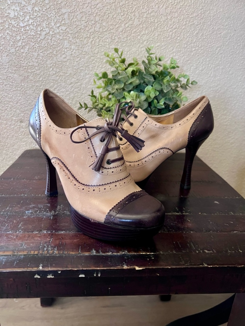 Guess by Marciano Two-Tone Beige and Dark Brown Oxford High Heel Pumps
